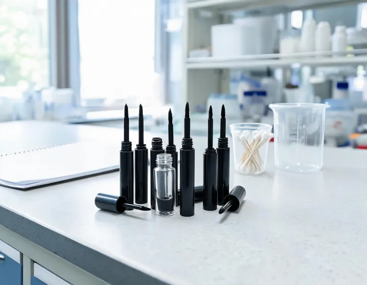 Liquid Eyeliner Sourcing on a cosmetics bench, illustration only