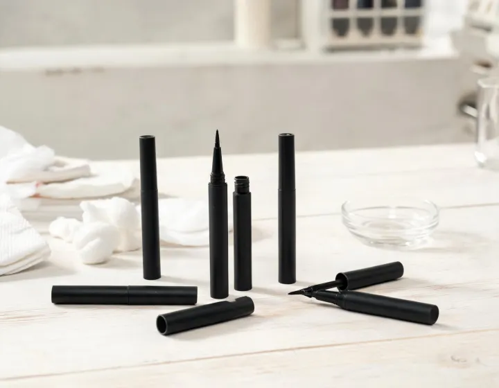waterproof liquid eyeliner on a cosmetics bench, illustration only