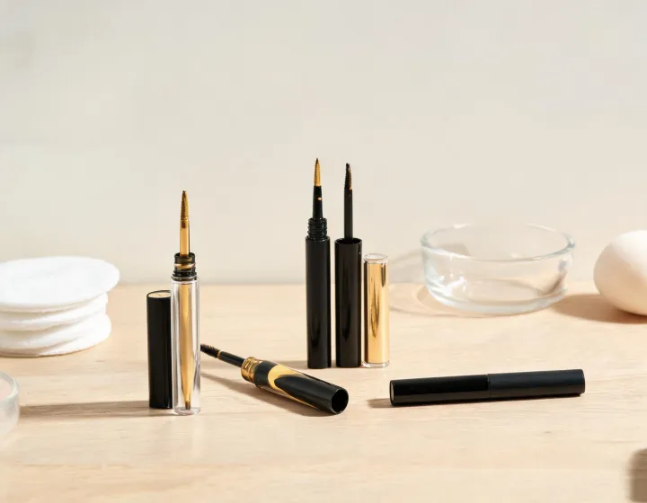 gold liquid eyeliner on a cosmetics bench, illustration only